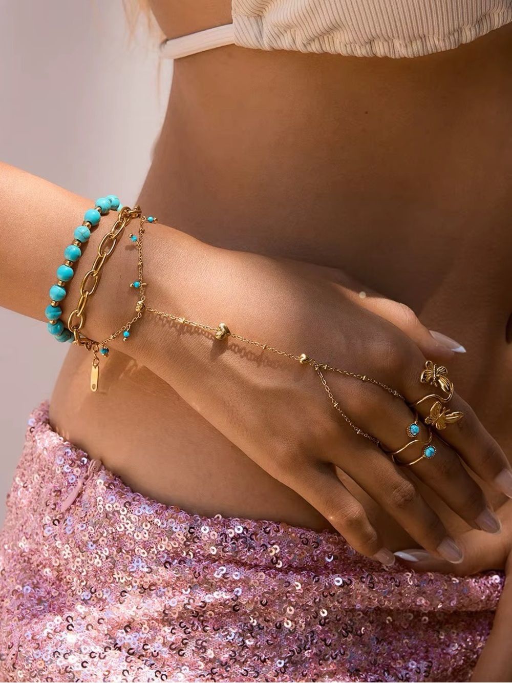 18K Gold Plated Turquoise Beaded Heart Hand Chain Bracelet - Picture 2 of 10
